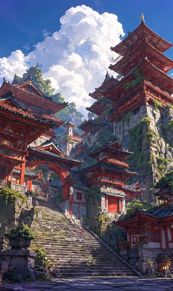 Illustrated pagoda city: red lacquer temples and violet blossoms above stone steps that climb to a temple gate.